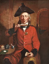 Ein Chelsea-Pensionär, der Tee aus einer Untertasse trinkt